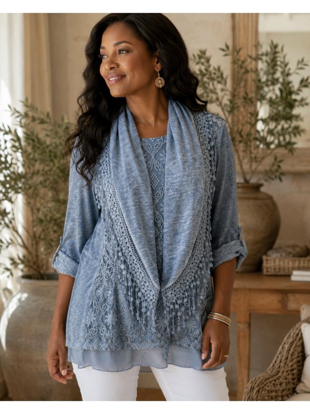 Style & Co Blue Lace Layered Tunic Top with Detachable Scarf Medium Boho